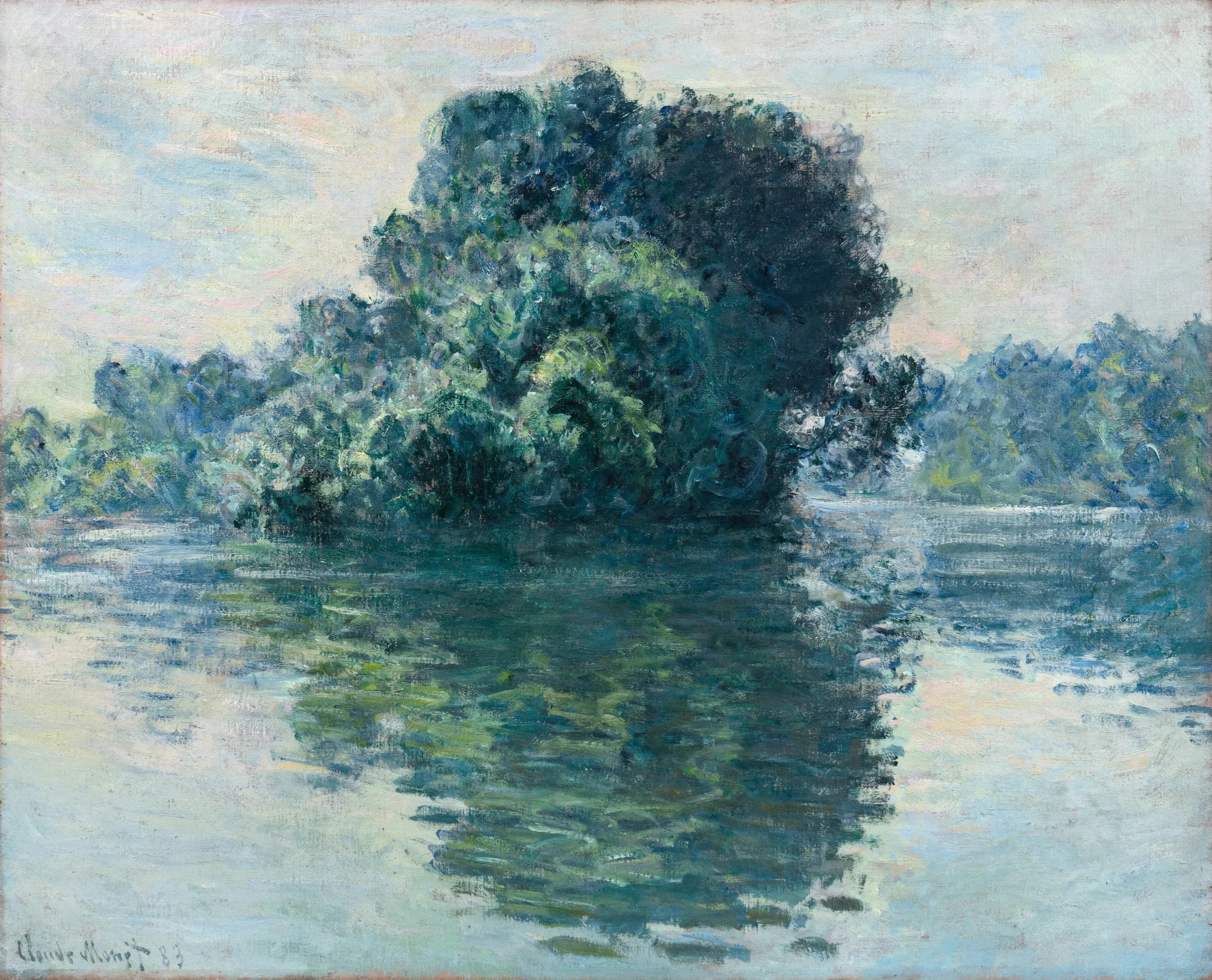 An oil painting titled "Les Iles de Port-Villez" by Claude Monet shows a tranquil river scene with dense green foliage on distant banks and a large island reflecting in the water under a soft, cloudy sky.