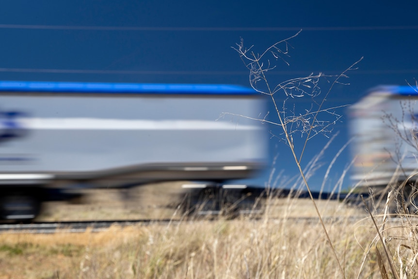 A truck driving along a highway, with weeds on the side of the road. 