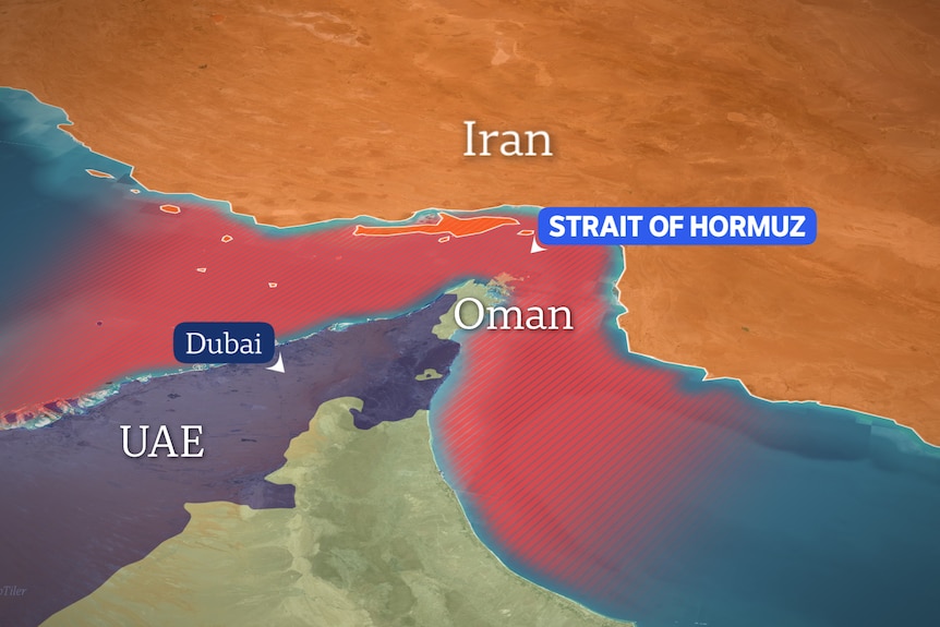 A graphic showing the Strait of Hormuz, coloured in red, between Oman and Iran, with the UAE also labelled