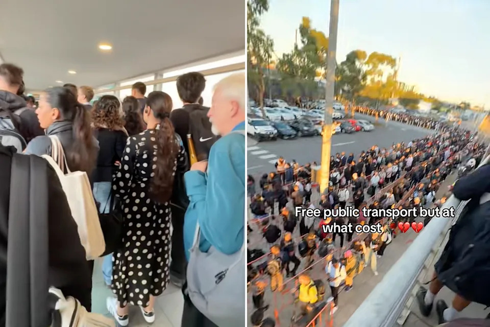  Crowds in Melbourne queue for public transport. 