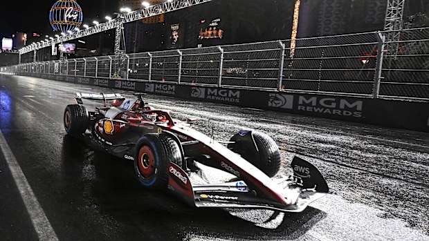 Charles Leclerc races down the Las Vegas Strip in the rain during qualifying for the Formula One Las Vegas Grand Prix in Las Vegas, Nevada on Friday, Nov. 21, 2025. (Photo by Will Lester/MediaNews Group/Inland Valley Daily Bulletin via Getty Images)