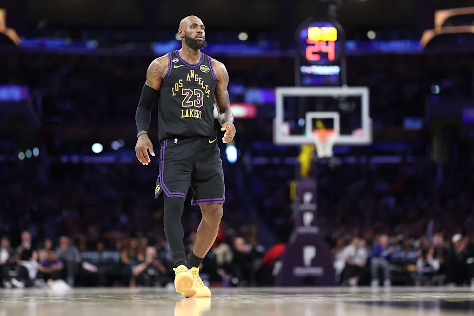 LOS ANGELES, CALIFORNIA - APRIL 10: LeBron James #23 of the Los Angeles Lakers looks on during the first half of a game against the Phoenix Suns at Crypto.com Arena on April 10, 2026 in Los Angeles, California. (Photo by Sean M. Haffey/Getty Images)