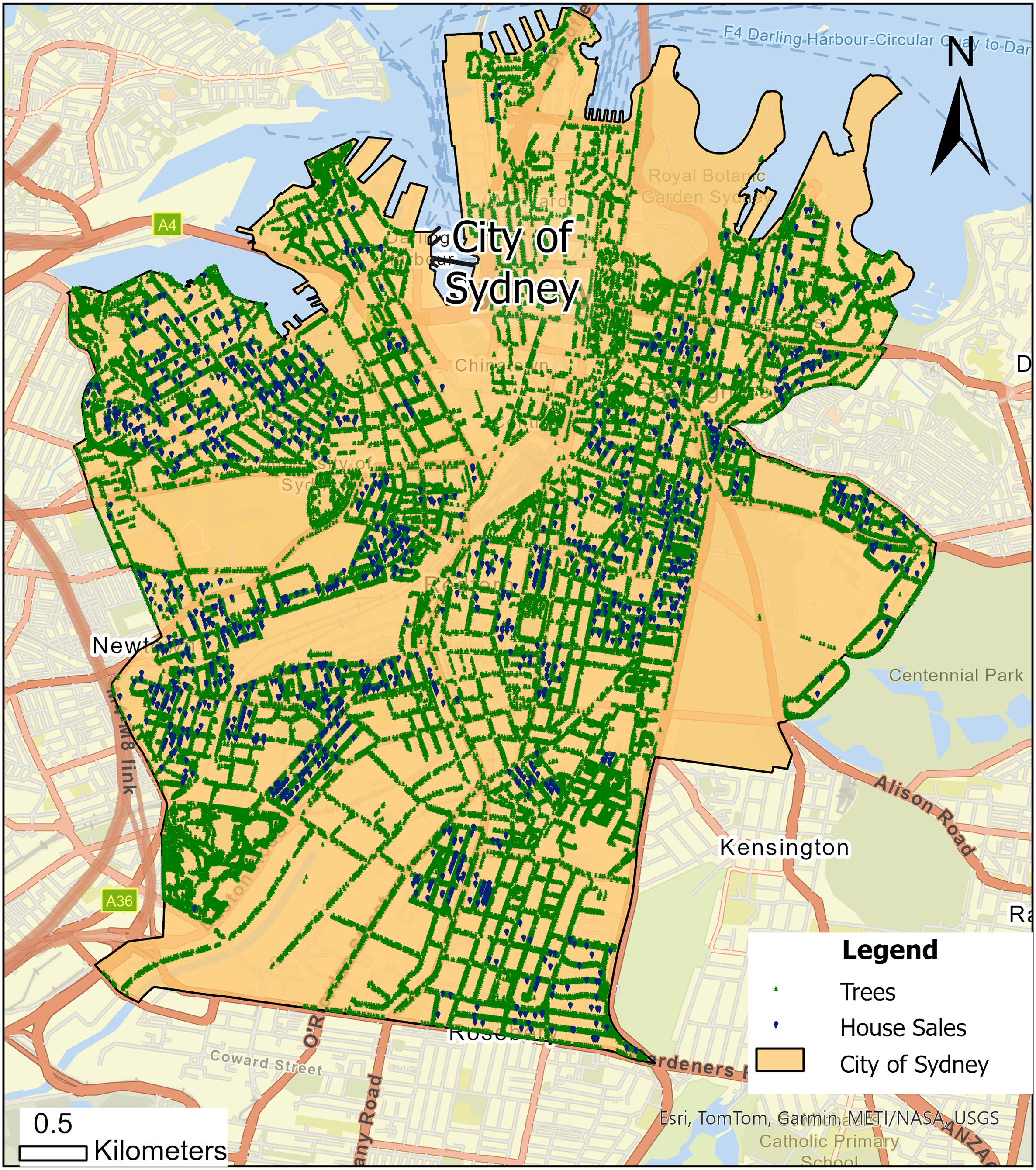 A map of the City of Sydney LGA that shows the span of public trees along streets lined in green.