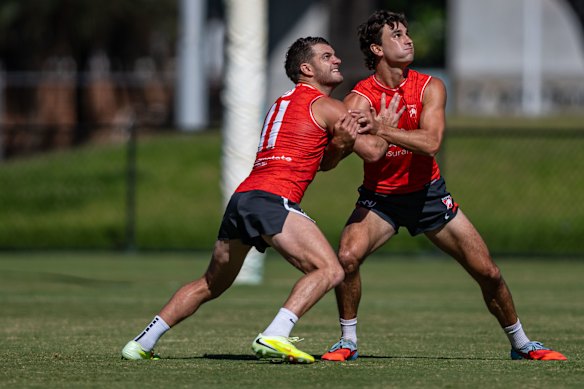 Tom Papley (left) ahead of his 200th AFL game, against the West Coast Eagles this Saturday in Perth.
