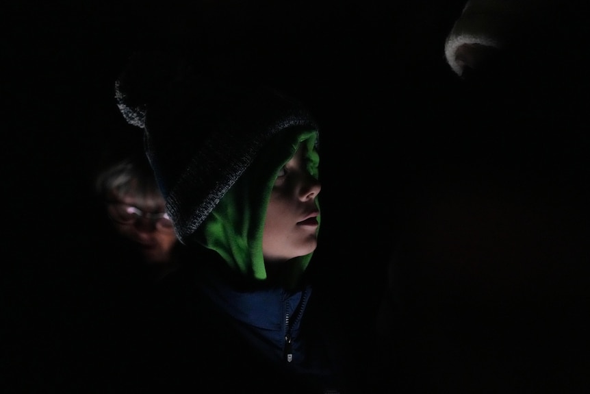 A child's face is lit up in the dark, watching, wearing a green hoodie.