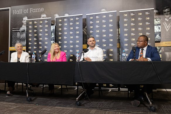 PNG Chiefs chair Catherine Harris, CEO Lorna McPherson, general manager of football Michael Chammas, and PNG sports minister Kinoka Hotune Feo at a press conference to discuss the signing of Jarome Luai on Thursday.
