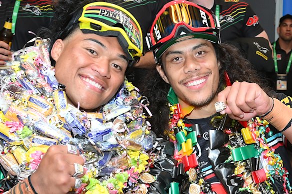 Brian To’o and Jarome Luai celebrate Penrith’s 2023 premiership.