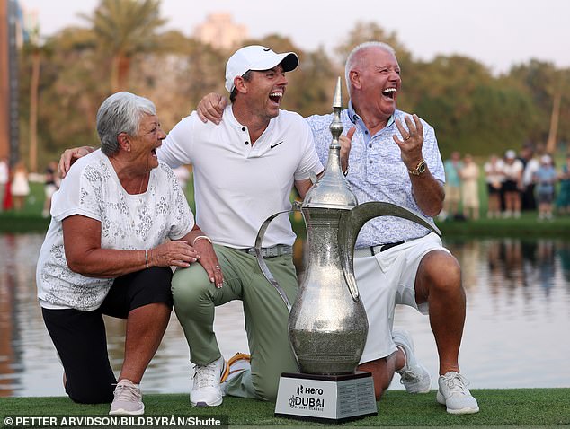 Rosie (left) and Gerry (right) pictured with their son after his Hero Dubai Desert Classic win in 2024. They made incredible sacrifices to give their son the best possible chance of success