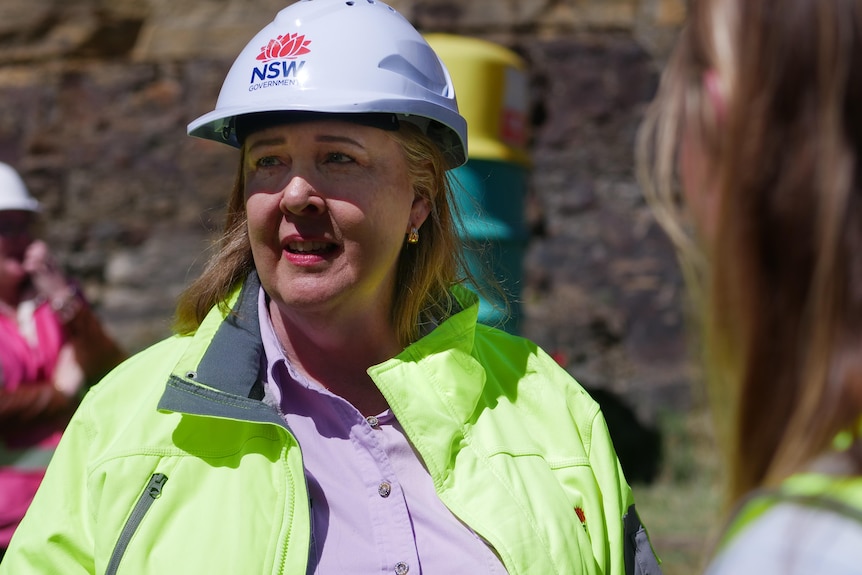 Woman standing in high-vis jacket and hard hat which says 'NSW Government'.