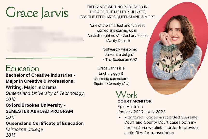 Grace's CV includes reviews from her standup comedy shows describing her as a delight among other things.