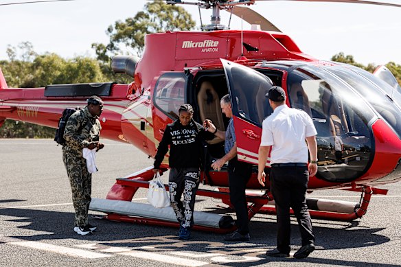 Sha’Carri Richardson and Christian Coleman arrived at Stawell on Friday in a helicopter.