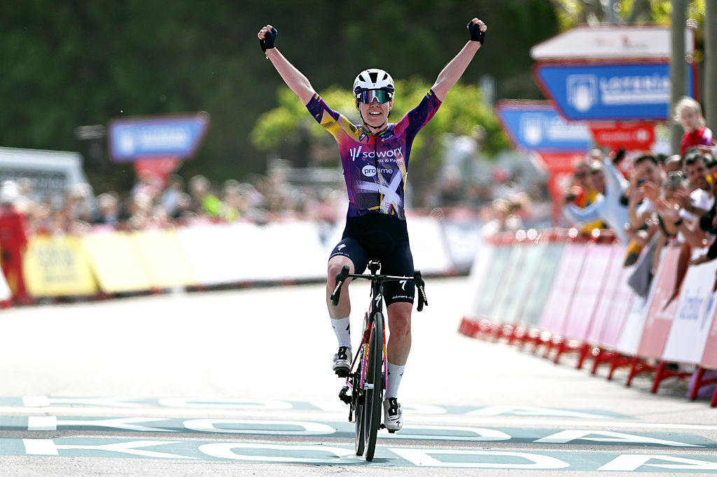 Anna van der Breggen celebrates a solo victory on stage 4 of La Vuelta Femenina 2005