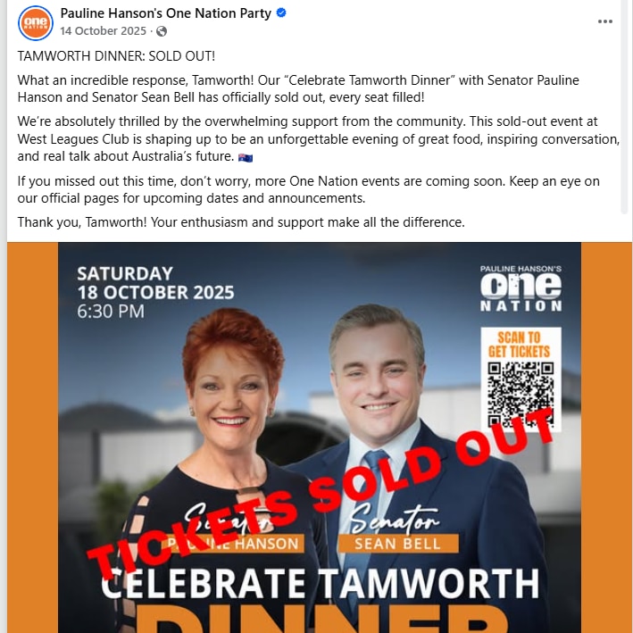 A poster saying "TICKETS SOLD OUT" advertises a fundraising event in Tamworth.