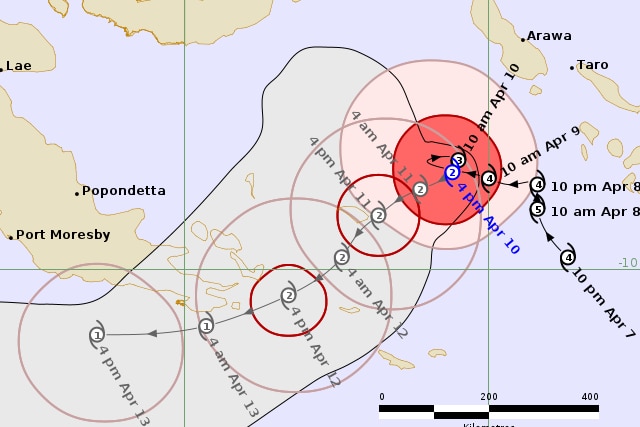 A map with different coloured circles highlighting the impact of the cyclone.