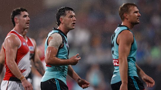 A perplexed Zak Butters after a 50-metre penalty was paid against Port Adelaide. 