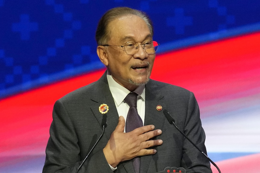 Malaysia's Prime Minister Anwar Ibrahim delivers a speech