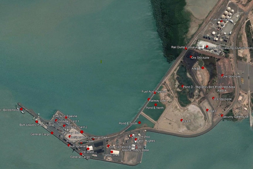 A satellite image shows East Arm wharf from above. Various bodies of water are labelled with superimposed text.