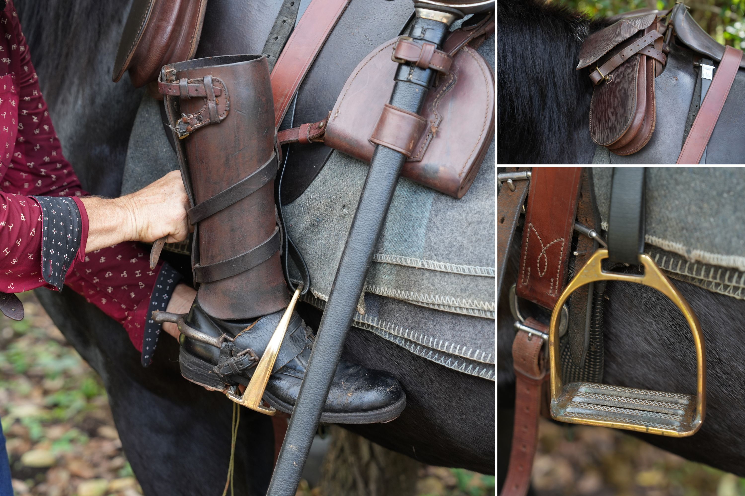 A collage shows items attached to the saddle of a horse, including a boot in stirrups and a feed pouch.