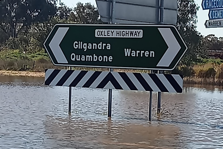 A green street sign impacted by floodwater