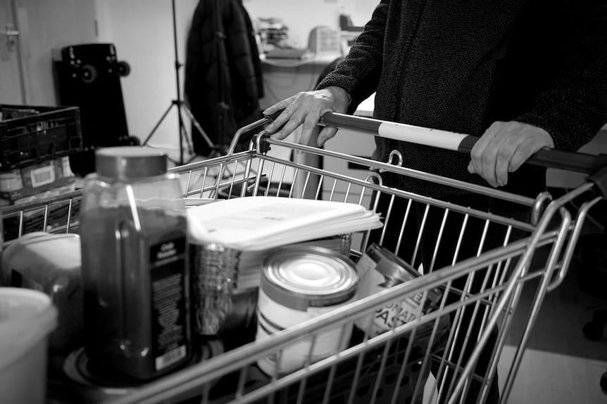 A trolley full of non-perishable pantry items and a person's hands on the handle.