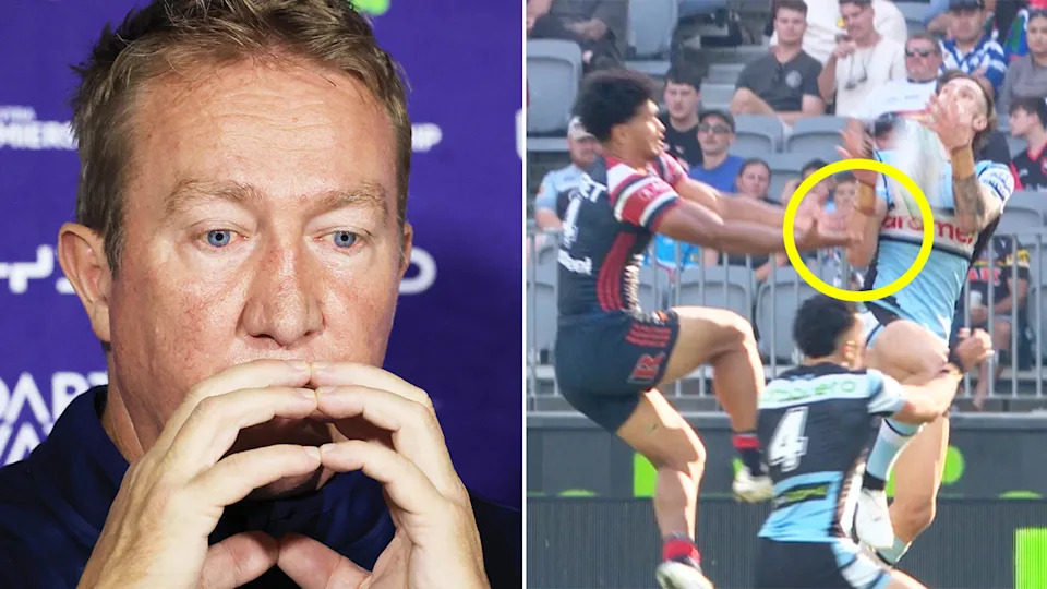 NRL fans are collectively calling for the new interpretation of the disruptor rule to be scrapped with Trent Robinson (pictured left) was baffled after the Robert Toia (pictured right) incident. (Images: Getty Images/Fox Sports)