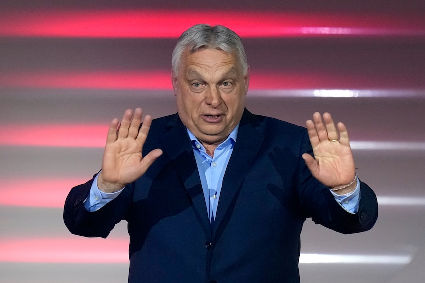 Viktor Orban holds his hands up in a heaqd and shoulders photo