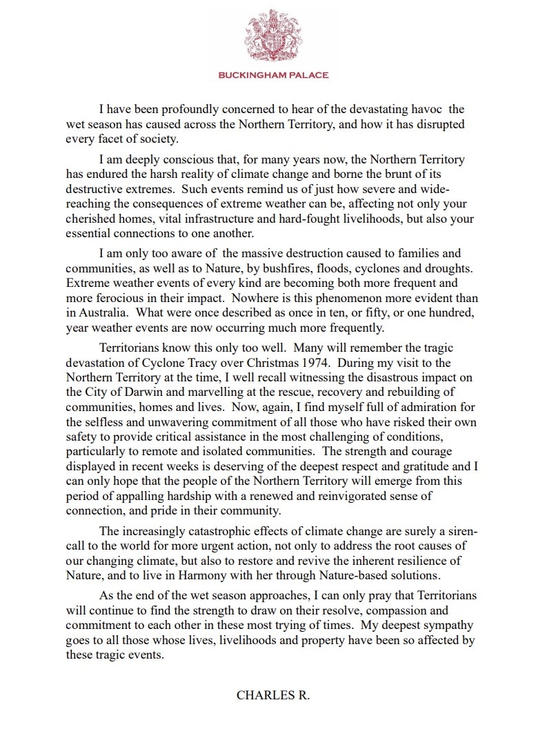 An one-page letter from King Charles to NT residents, acknowledging the devastation of widespread flooding.