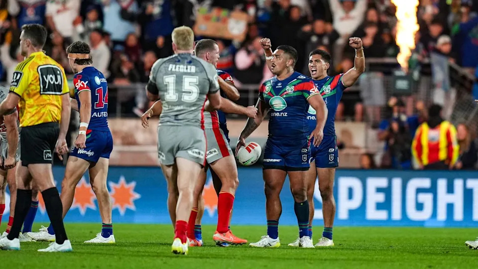 Celebrating Warriors players.