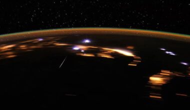 A view of the Earth from space, its dark surface showing glowing city lights with sparse purple glowing areas where meteors hit the atmosphere.