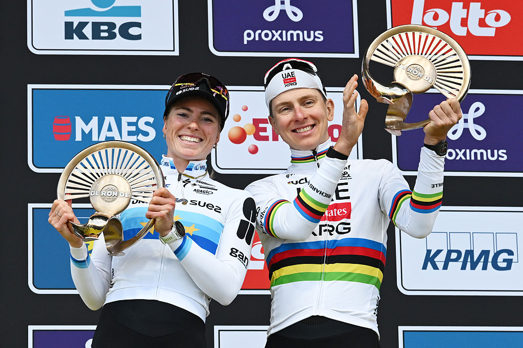 OUDENAARDE, BELGIUM - APRIL 05: (L-R) Demi Vollering of Netherlands and Team FDJ United - SUEZ and Tadej Pogacar of Slovenia and UAE Team Emirates - XRG celebrate at podium as race winners during the 23rd Tour of Flanders 2026 - Ronde van Vlaandere - Women&amp;apos;s Elite a 164.1km one day race from Oudenaarde to Oudenaarde / #UCIWWT / on April 05, 2026 in Oudenaarde, Belgium. (Photo by Luc Claessen/Getty Images)