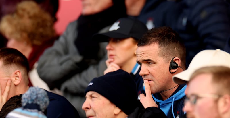 Dublin manager Ger Brennan watches on from the stands after being red carded during the Division 1 game against Galway at Pearse Stadium. Photograph: James Crombie/Inpho