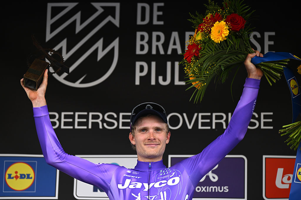 Anders Foldager of Denmark and Team Jayco AlUla celebrates at podium as race winner during the 65th De Brabantse Pijl - La Fleche Brabanconne 2026