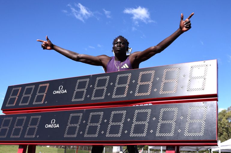 Australias Gout Gout celebrates after winning the mens 200M final at the Australian Athletics Championships in Sydney on April 12, 2026. (Photo by DAVID GRAY / AFP) / -- IMAGE RESTRICTED TO EDITORIAL USE - STRICTLY NO COMMERCIAL USE --