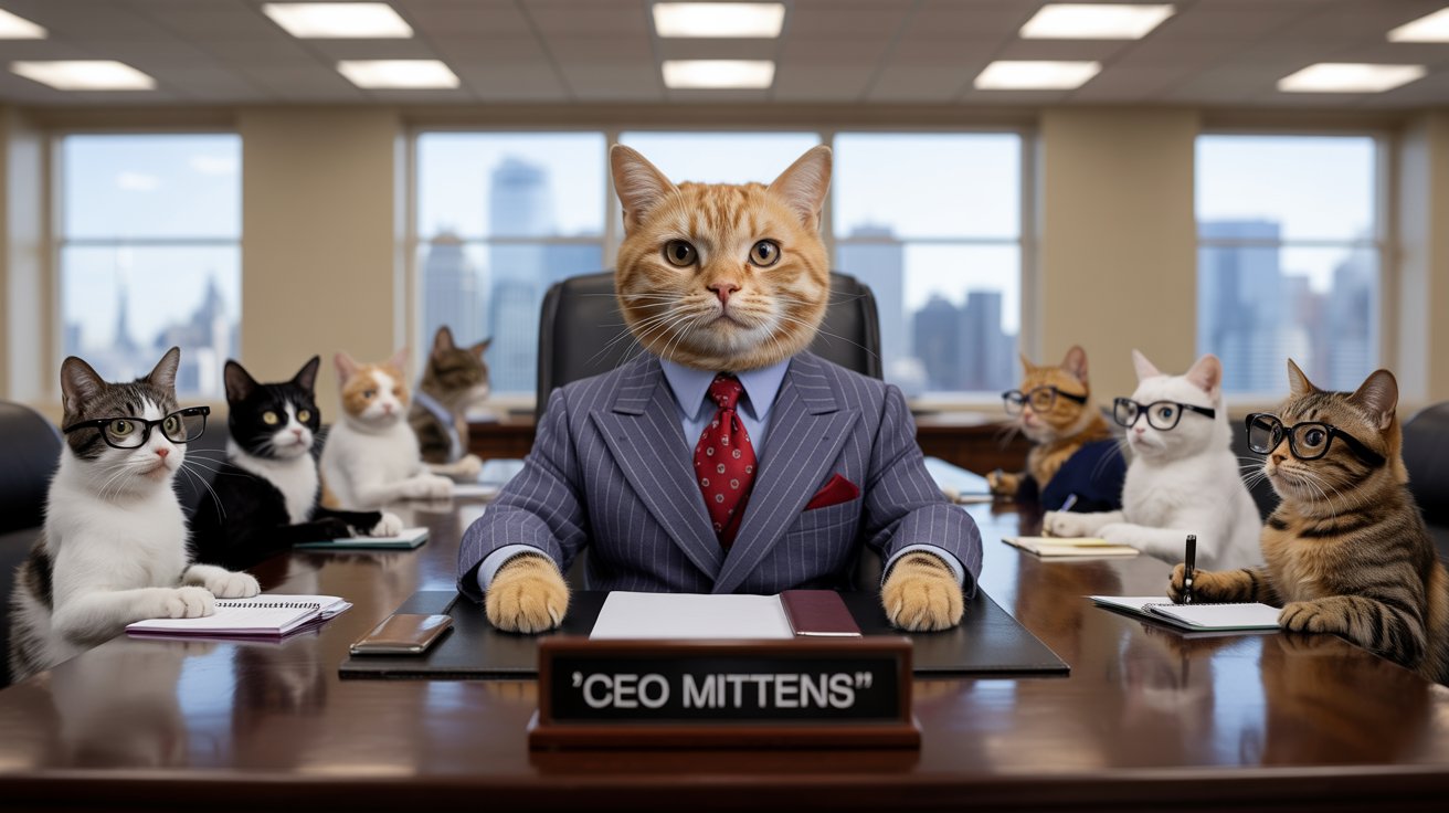 An image of an orange cat in a suit in an office meeting a bunch of other cats, generated by AI using Ideogram
