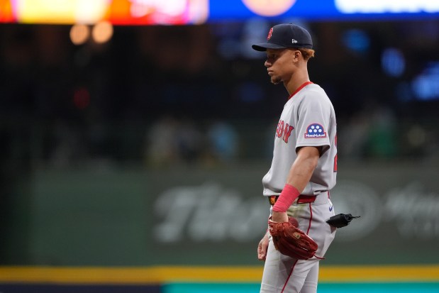 Boston Red Sox's Kristian Campbell looks on during a baseball game against the Milwaukee Brewers, Tuesday, May 27, 2025, in Milwaukee. (AP Photo/Aaron Gash)
