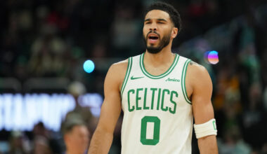 Boston Celtics' Jayson Tatum looks on before an NBA basketball game against the Milwaukee Bucks, Friday, April 3, 2026, in Milwaukee. (AP Photo/Aaron Gash)
