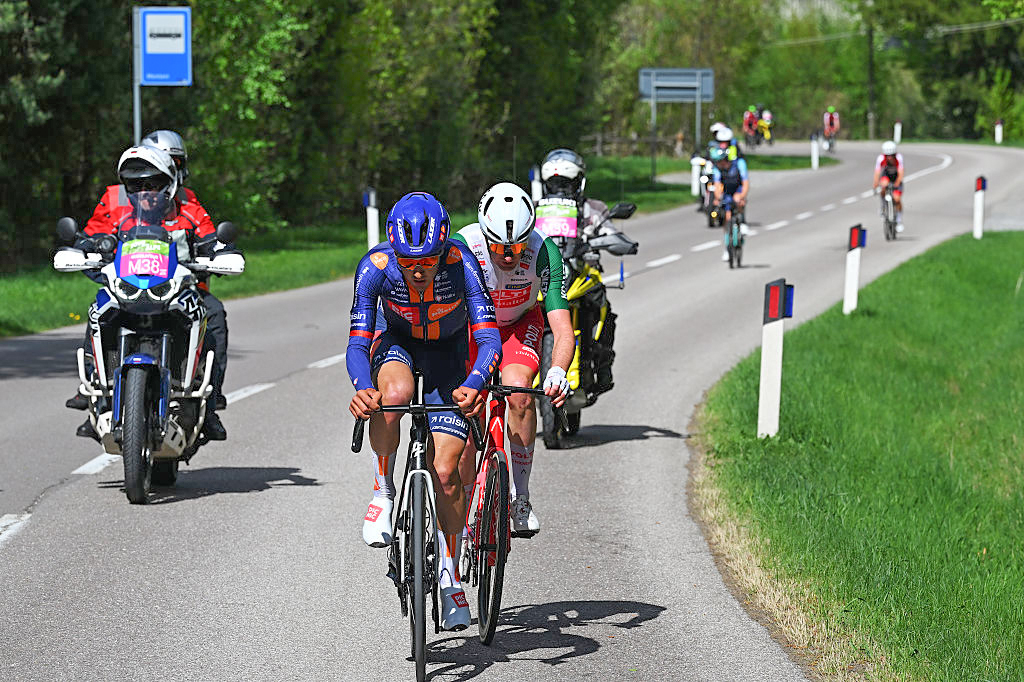 MARTELL, ITALY - APRIL 21: (L-R) Mattia Gaffuri of Italy and Team Picnic PostNL and Davide Bais of Italy and Team Polti VisitMalta compete during the 48th Tour of the Alps 2026, Stage 2 a 147.5km stage from Telfs to Martell - Val Martello 1153m on April 21, 2026 in Martell, Italy. (Photo by Tim de Waele/Getty Images)