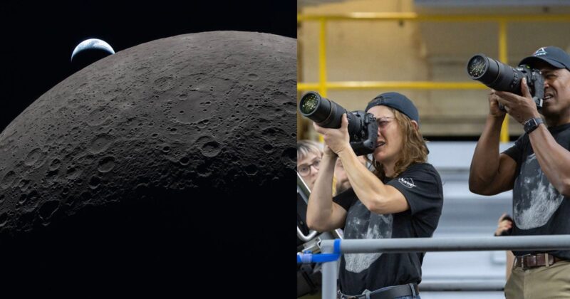 Left: Earth rising above the cratered surface of the Moon. Right: Two people with cameras and telephoto lenses photographing something, both wearing shirts with an image of the Moon and standing indoors.