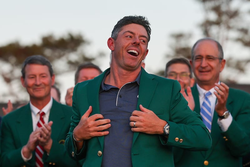 Rory McIlroy reacts as he is awarded the Green Jacket. Photograph: Michael Reaves/Getty