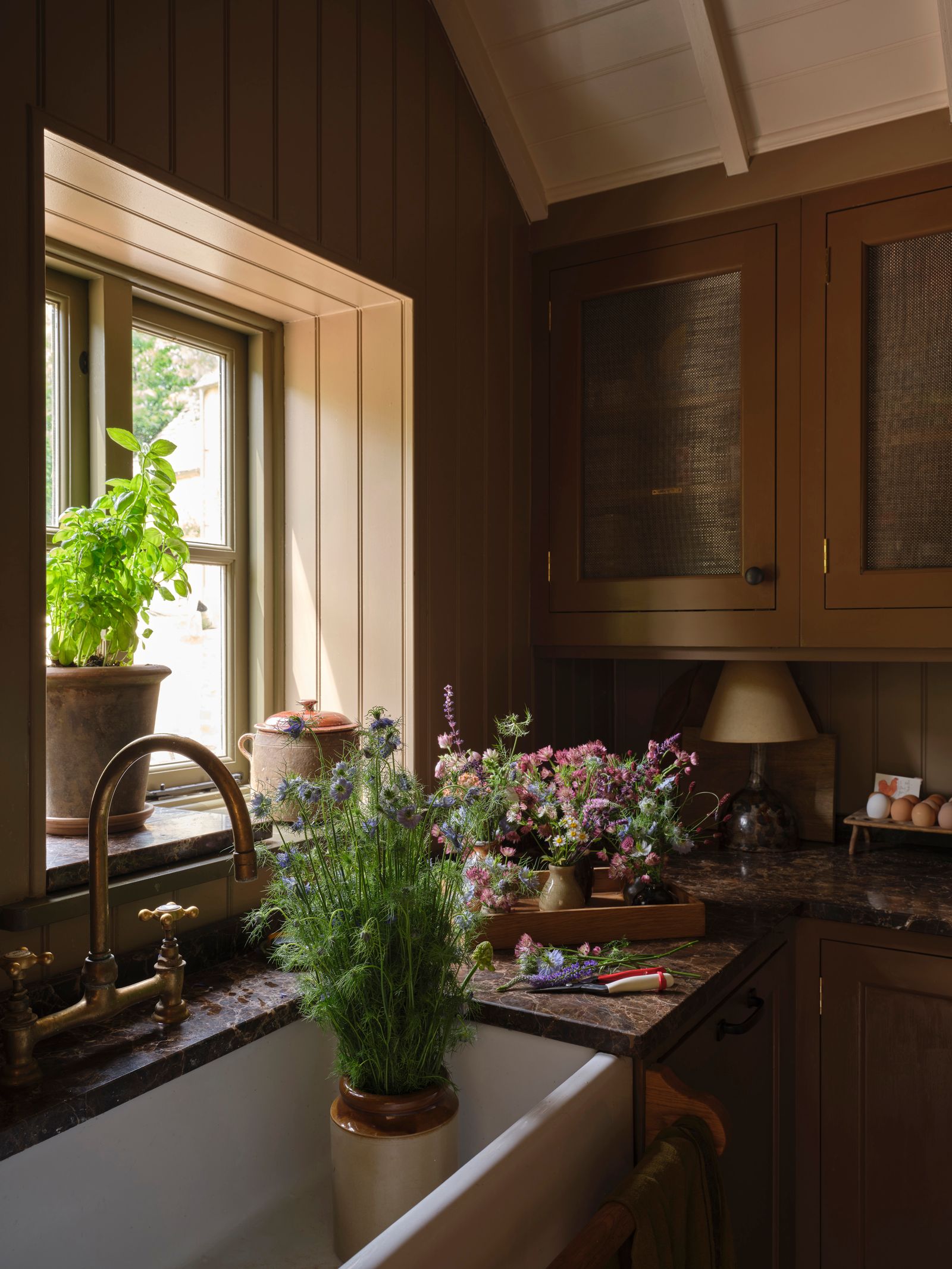 Image may contain Indoors Interior Design Sink Sink Faucet Plant Lamp Window Windowsill and Potted Plant