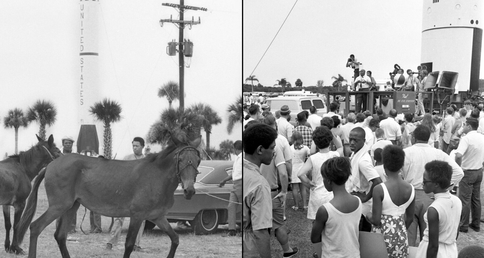 a black and white photo of people standing around a stage with microphones and speakers