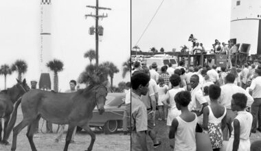 a black and white photo of people standing around a stage with microphones and speakers