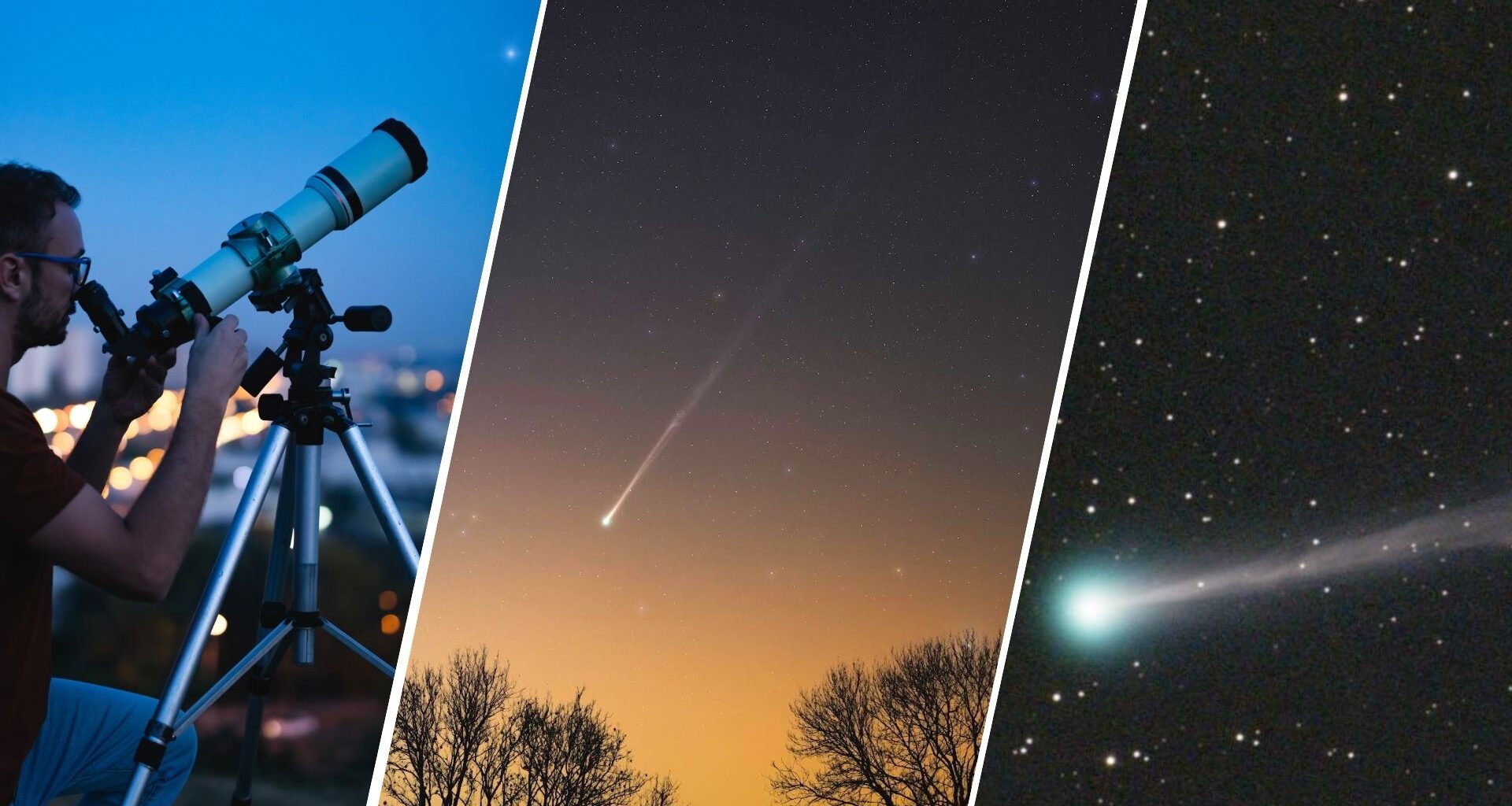 A three panel image divided by diagonal white lines. The left image shows a man looking through a telescope at the night sky, the middle and right show comets.