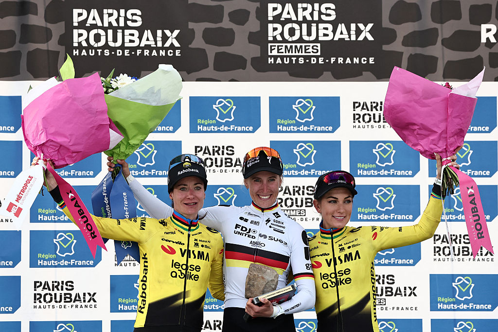 (From L) Second-placed Team Visma - Lease a Bike's Marianne Vos, first-placed FDJ United-SUEZ's Franziska Koch and third-placed Team Visma - Lease a Bike's Pauline Ferrand-Pr&eacute;vot