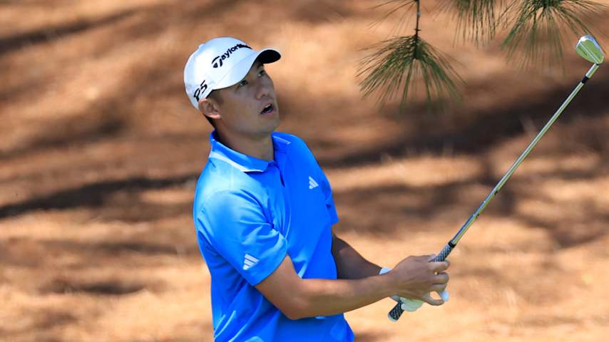 Collin Morikawa hits his second shot on No. 9 during the first round of the 2026 Masters. (David Cannon/Getty Images)