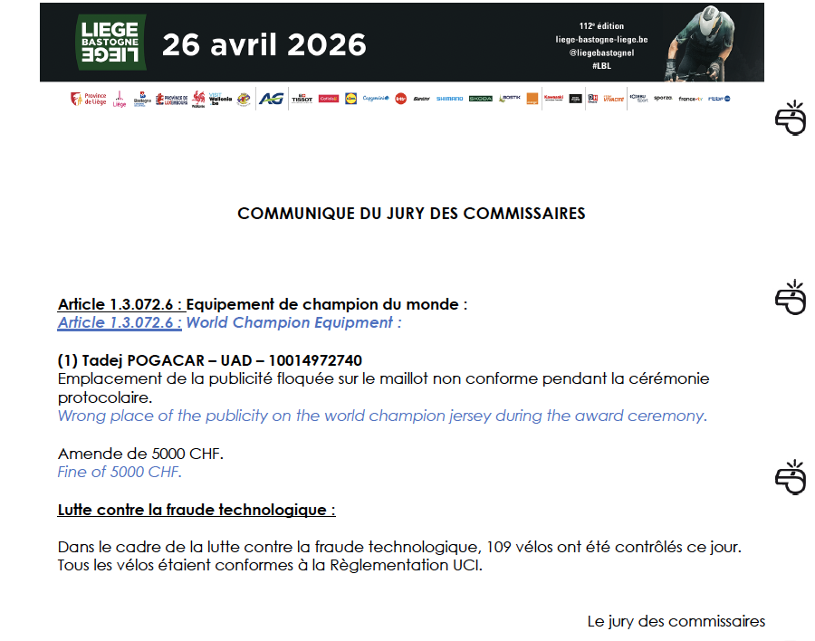 Li&egrave;ge-Bastogne-Li&egrave;ge 2026 official race communique