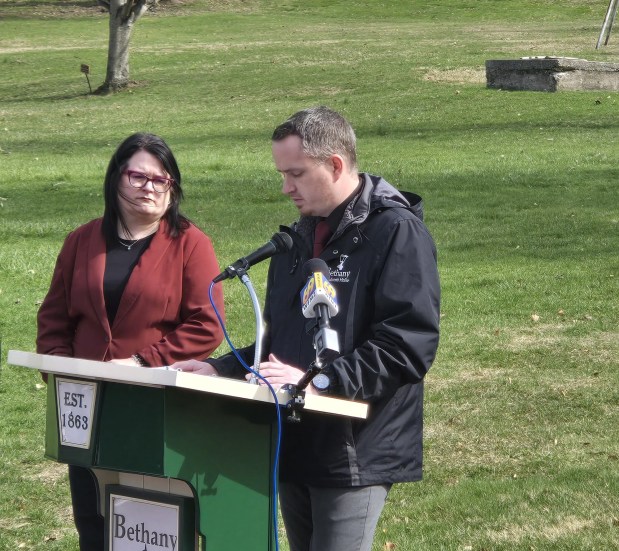 Dana Hoffman, Bethany Children's Home director of development, and Nick Hill, deputy Bethany chief executive officer and chief human resources officer, thank donors, volunteers and workers for their efforts in making the court renovations happen. (Keith Dmochowski - Reading Eagle)