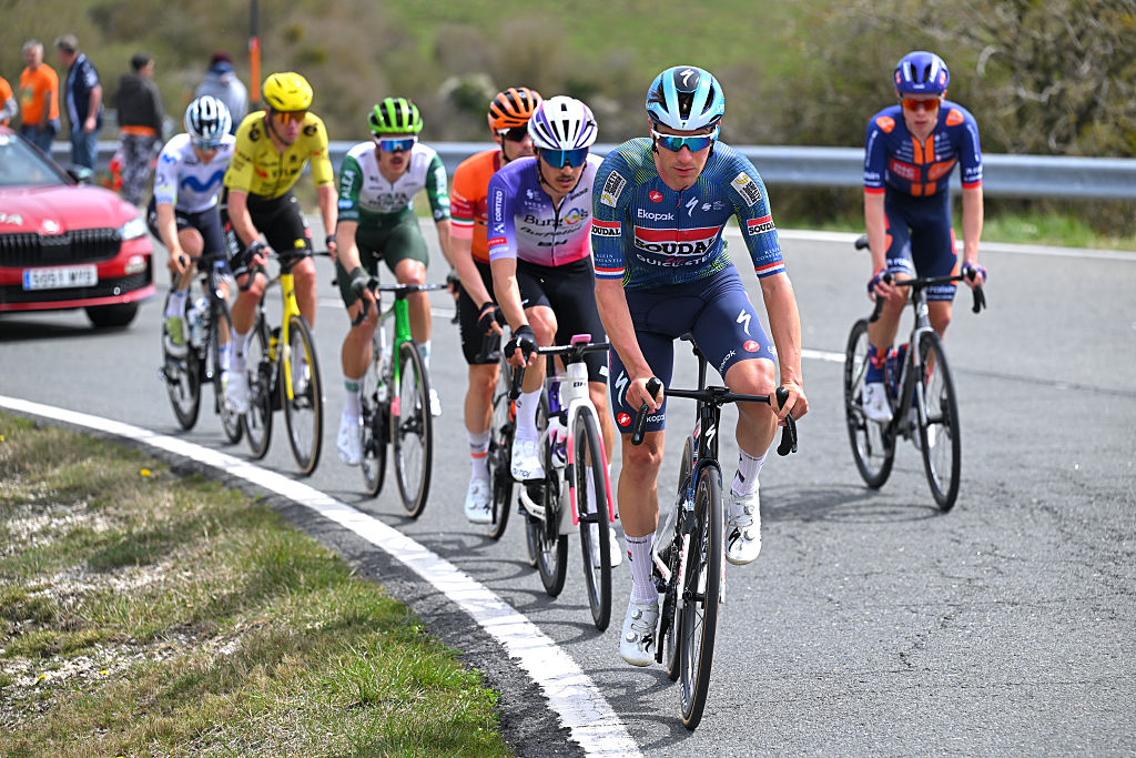 CUEVAS DE MENDUKILO, SPAIN - APRIL 07: Ethan Hayter of Great Britain and Team Soudal Quick-Step leads the breakaway during the 65th Itzulia Basque Country 2026, Stage 2 a 164.1km stage from Pamplona-Iruna to Cuevas de Mendukilo 757m / #UCIWT / on April 07, 2026 in Cuevas de Mendukilo, Spain. (Photo by Tim de Waele/Getty Images)