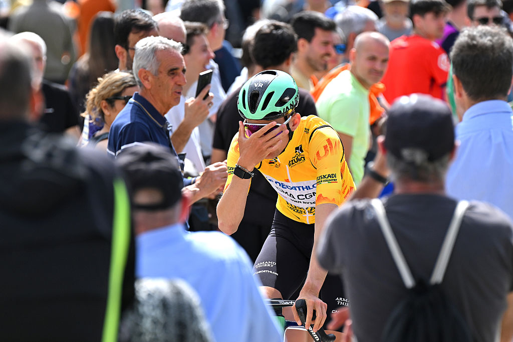 PAMPLONA-IRUNA, SPAIN - APRIL 07: Paul Seixas of France and Team Decathlon CMA CGM - Yellow Leader Jersey prior to the 65th Itzulia Basque Country 2026, Stage 2 a 164.1km from Pamplona-Iruna to Lekunberri 757m / #UCIWT / on April 07, 2026 in Pamplona-Iruna, Spain. (Photo by Tim de Waele/Getty Images)