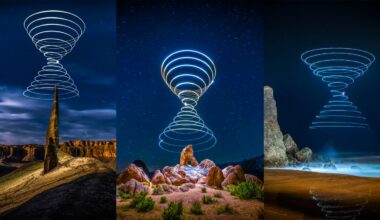 Three photos show nighttime landscapes with dramatic rock formations, each featuring swirling, hourglass-shaped light trails in the sky, created by long-exposure photography. The scenes have a surreal, luminous effect.